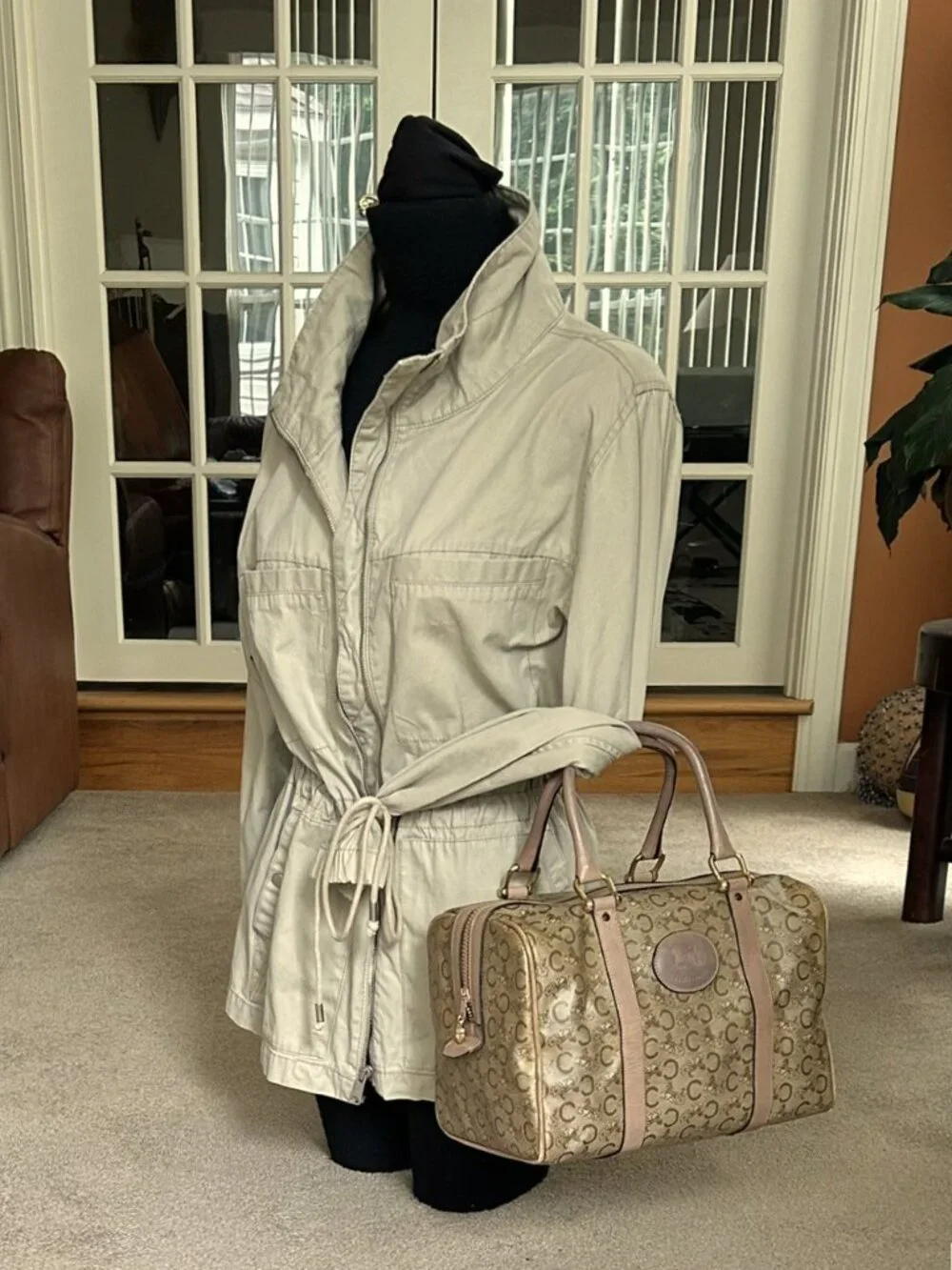 CELINE Macadam Canvas Boston Bag, Tan